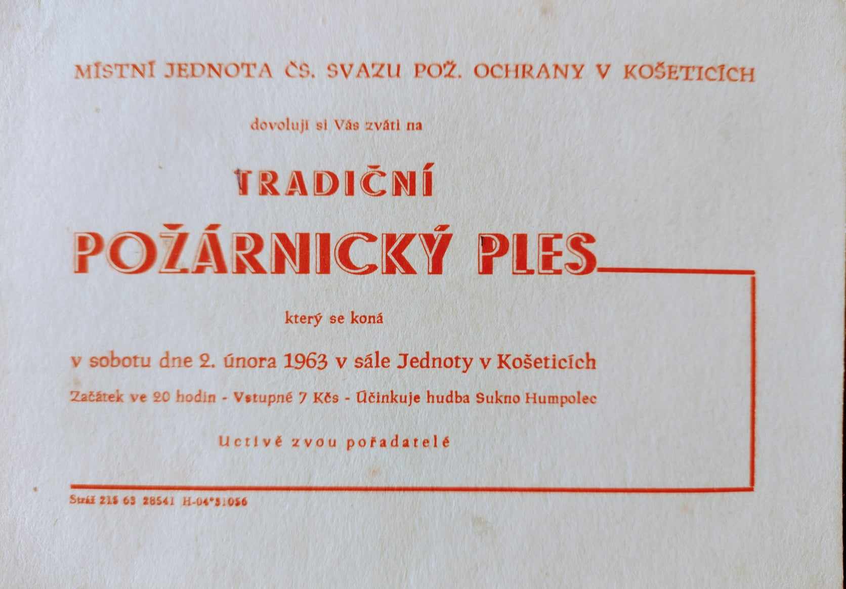 2.unora 1963_Pozvanka na pozarnicky ples