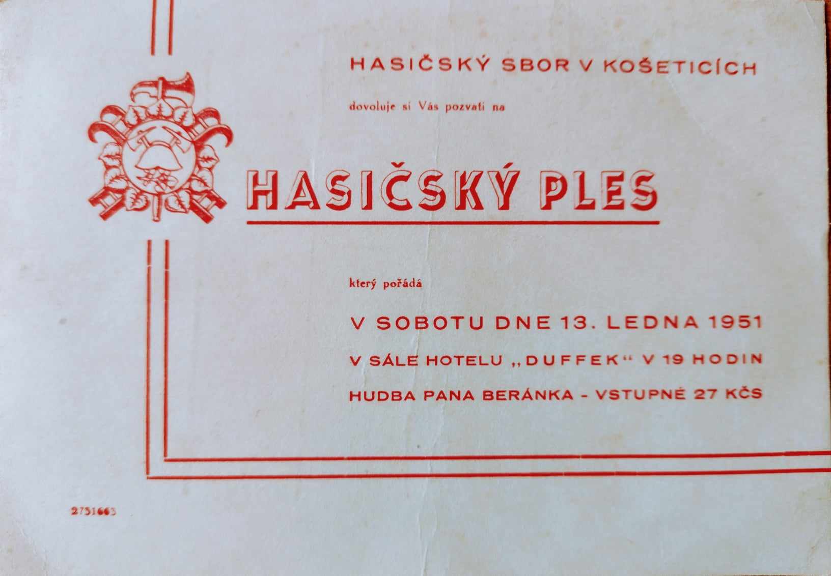 13.ledna 1951_Pozvánka na hasicsky ples