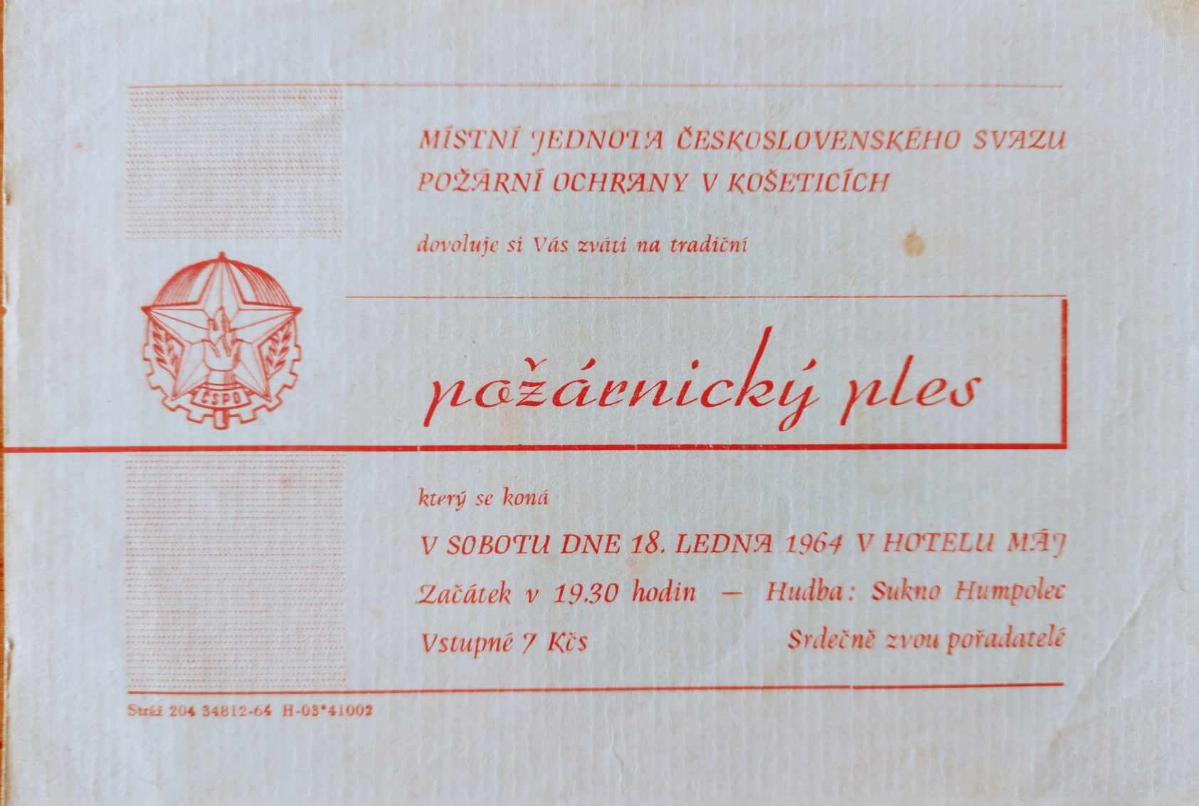 18.ledna 1964_Pozvanka pozarnicky ples